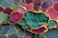 Colorful agate slices with gold edges create stunning mosaic pattern in vibrant turquoise, purple, pink and blue tones for luxury jewelry and home decor designs.