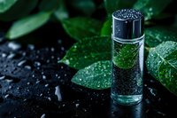 Black caviar in glass jar on wet dark background with green leaves and water drops, luxury gourmet food styling for restaurant menu and advertising.