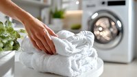 Female hands folding fresh white clean towels against modern washing machine background in laundry room, with green plant decoration and soft bokeh light.