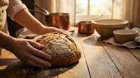 Hands kneading fresh artisan bread dough on wooden table in warm kitchen with copper pots and bowls. Homemade baking and cooking concept for culinary projects.