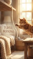 Adorable orange tabby kitten jumping playfully with yarn in cozy sunlit room. Warm morning light creates peaceful domestic scene for pet lovers and home decor.