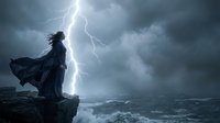 Dramatic silhouette of woman in flowing dress standing on cliff edge during powerful thunderstorm with lightning bolt illuminating stormy sky and turbulent ocean waves.