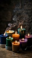 Colorful burning candles with smoke swirls on rustic wooden surface creating warm atmospheric lighting for relaxation and meditation rituals.