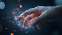 Human hand reaching into digital network sphere with glowing particles and connections against dark background, representing artificial intelligence and future technology.