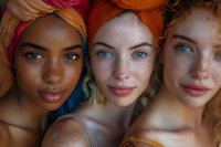 Close up portrait of three diverse young women with colorful head wraps, natural freckles and striking blue eyes showcasing beauty in diversity and friendship.
