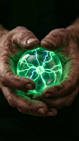 Hands of adult male with dark skin tone holding glowing green plasma ball with electric lightning effect against dark background for energy, power, technology, and innovation concepts.