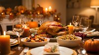 Thanksgiving dinner table with roasted turkey, side dishes, wine glasses, candles and autumn decorations creating warm festive holiday atmosphere.