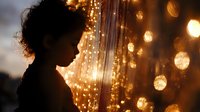 Young African American girl silhouette against glowing string lights and bokeh background creating magical dreamy atmosphere during holiday season or special celebration.