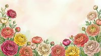 Colorful ranunculus flowers border frame on soft pink background with copy space for text, greeting cards, wedding invitations and romantic designs.