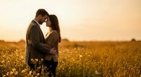Romantic couple embracing in golden sunset field, intimate moment in nature, love and relationship concept for wedding, engagement, dating content.