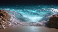 Dramatic ocean wave breaking at sunset with turquoise water and sandy shore, creating dynamic motion and powerful surf atmosphere in nature seascape.