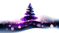 Magical glowing Christmas tree silhouette in purple and blue colors with sparkling lights and bokeh effects on dark background, creating festive holiday atmosphere.