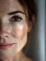 Close-up portrait of middle-aged woman with natural freckles and brown eyes showing authentic facial features in soft natural lighting against blurred background.