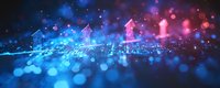 Glowing arrows pointing upward with blue and pink bokeh lights on dark background, business growth concept visualization for financial presentations.