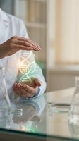 Scientist in white lab coat protecting glowing DNA double helix with hands in modern laboratory for genetic research and biotechnology innovation.
