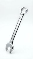 Chrome combination wrench tool isolated on white background for automotive repair and mechanical work projects.