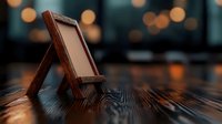 Wooden tablet stand on rustic dark table with warm bokeh lights in background creating cozy atmosphere. Minimalist mobile device holder setup.
