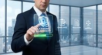 Professional businessman in dark suit touching digital licensing agreement interface with holographic icons in modern office with city skyline view.