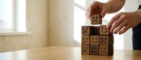 Hands arranging wooden blocks with positive emotion icons including smiles and hearts on desk for customer satisfaction and feedback concepts.