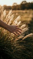 Woman hand gently touching golden pampas grass plumes in warm sunset light creating peaceful nature connection moment for wellness and mindfulness concepts.