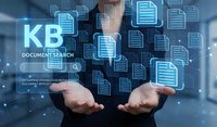 Professional businessman managing digital knowledge base system with floating document icons and search interface for enterprise data management solutions.