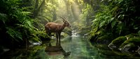 Majestic deer standing in pristine forest stream with sunbeams filtering through lush green canopy creating magical woodland atmosphere for nature content.
