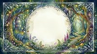 Enchanted forest frame with mystical trees, flowers and magical elements surrounding blank circular space for text or design projects.