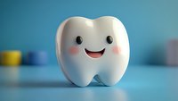 Smiling cartoon tooth character with rosy cheeks on blue background. Dental care concept for children's dentistry, oral hygiene education and pediatric dental services.