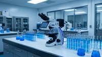 Modern laboratory with microscope and blue chemical solutions in test tubes for scientific research and medical analysis.