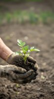 Farmer hands holding young seedling with soil ready for planting in garden field, environmental conservation and sustainable agriculture concept.