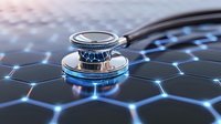Medical stethoscope on glowing hexagonal background with blue light effect, representing healthcare technology and digital medicine advancement.