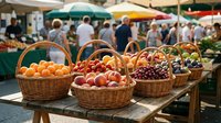 Wicker baskets filled with fresh peaches, cherries, plums, and apricots displayed on a wooden table at a sunny outdoor farmers market.