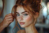 Young Caucasian woman with blue eyes and ginger hair in messy updo, natural makeup with glowing skin and freckles against blurred background. Beauty portrait.