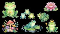Cute green frogs collection with lily pad, mushrooms, and lotus flower isolated on transparent background. Ready for t-shirt design, clipart, stickers, sublimation, and print-on-demand products.