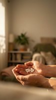 Elderly hands holding white pills in cupped palms at home with soft natural lighting for healthcare and medication management concepts.
