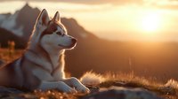 Siberian husky dog resting on hill at golden sunset with mountain silhouettes in background, warm light illuminating fur.