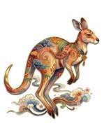 Ornate kangaroo with intricate decorative patterns in warm earth tones, isolated on white background. Stylized marsupial design featuring swirling motifs, ideal for apparel and clipart applications.