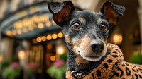 Small mixed breed dog wearing leopard print sweater in urban shopping center with warm bokeh lights creating cozy winter atmosphere for pet fashion concepts.