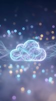 Glowing cloud computing network with digital wireframe lines and colorful bokeh lights on dark blue background for technology presentations.