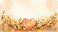 Watercolor heart surrounded by golden coins floating on warm beige background for love and wealth concept designs.