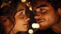 Young romantic couple in intimate close-up portrait with warm golden bokeh lights creating dreamy atmosphere. Side view of faces about to kiss.