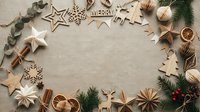 Flat lay composition with wooden and natural holiday decorations arranged in a frame on neutral linen background, suitable for seasonal greeting cards and festive marketing materials.