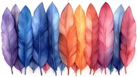 Colorful watercolor feathers arranged in a row featuring purple, blue, coral, orange, and pink hues on white background, isolated design element for creative projects.