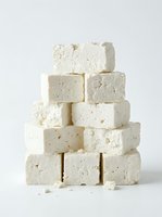 Stacked cubes of crumbly white cheese with visible herbs and spices, isolated on neutral background. Use for food, dairy, cooking, and culinary design projects.