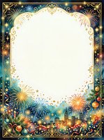 Elegant celebration frame with ornate gold filigree border, fireworks, and festive cityscape silhouette on dark background. Isolated design element ready for invitations, posters, and greeting cards.