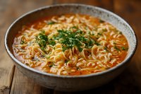 Steaming bowl of spicy Asian noodle soup with fresh herbs, bean sprouts and vegetables in rich red broth served on rustic wooden table. Traditional comfort food.
