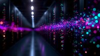 Glowing purple and blue particles floating in dark corridor with light beams and reflective floor creating futuristic atmospheric perspective effect.