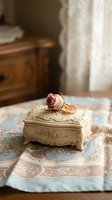 Vintage ornate jewelry box with dried rose on decorative cloth in romantic bedroom setting with antique wooden furniture and soft natural lighting.