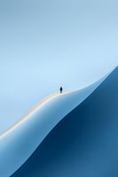 Lone figure standing on curved sandy ridge against minimalist blue sky backdrop, creating dramatic perspective and sense of solitude in desert landscape.