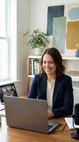 Professional businesswoman working on laptop in modern home office with colorful artwork and plants creating productive workspace atmosphere.
